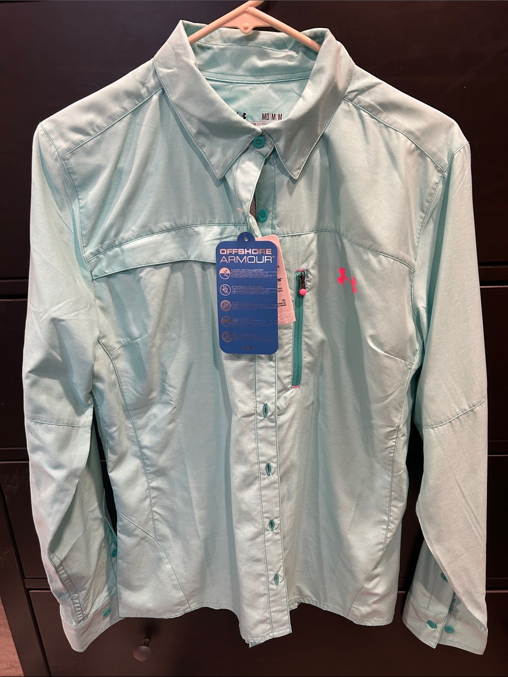 Under Armour women’s tealButton-Down fishing  Shirt with Pink Logo size medium